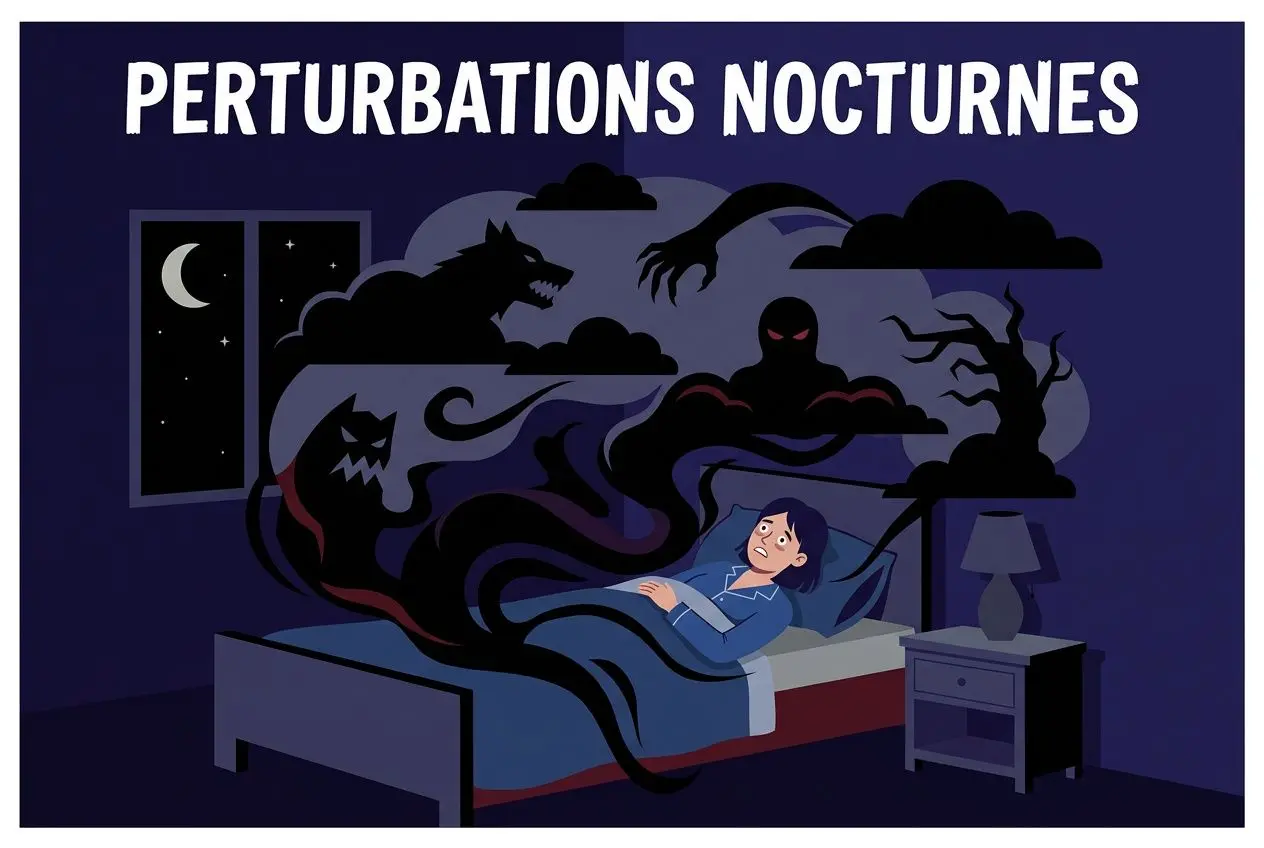 Ambiance nocturne avec un homme au lit et des silhouettes inquiétantes, évoquant le comportement d'une personne envoûtée.