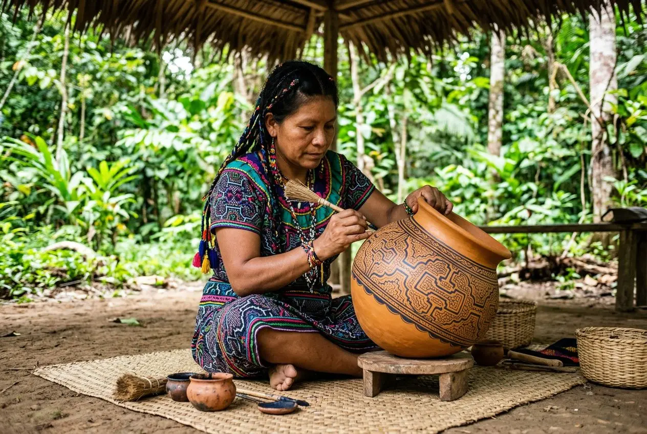 Art shipibo: femme peignant des motifs kené géométriques sur une poterie en terre cuite, dans un cadre forestier.