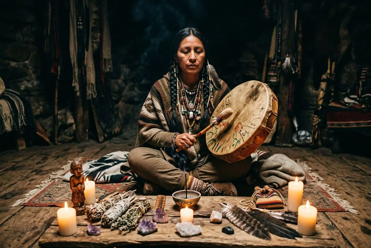Artiste chamane jouant du tambour autour de divers objets rituels et bougies, lors d’une séance de recouvrement d’âme chamanisme.