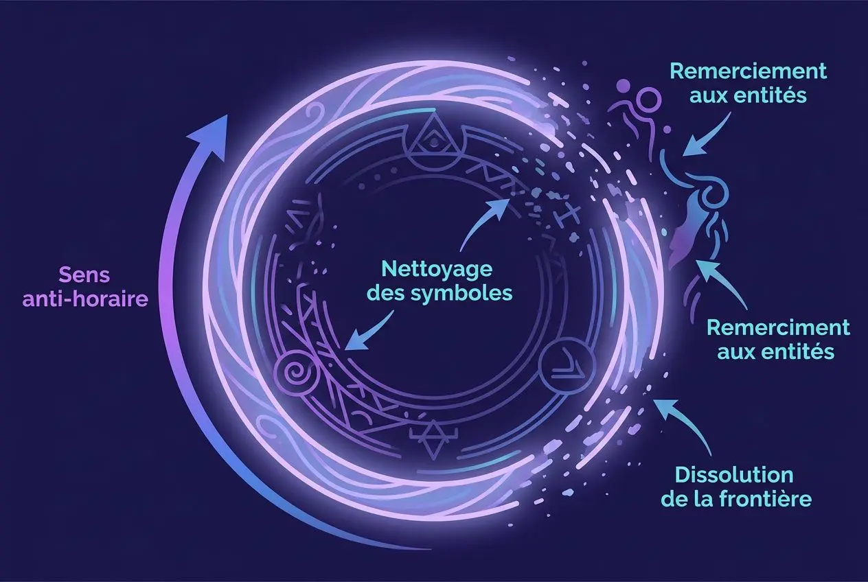 Cercle de protection mystique en spirale violette, symboles intérieurs et flèches indiquant nettoyage, dissolution et remerciements.