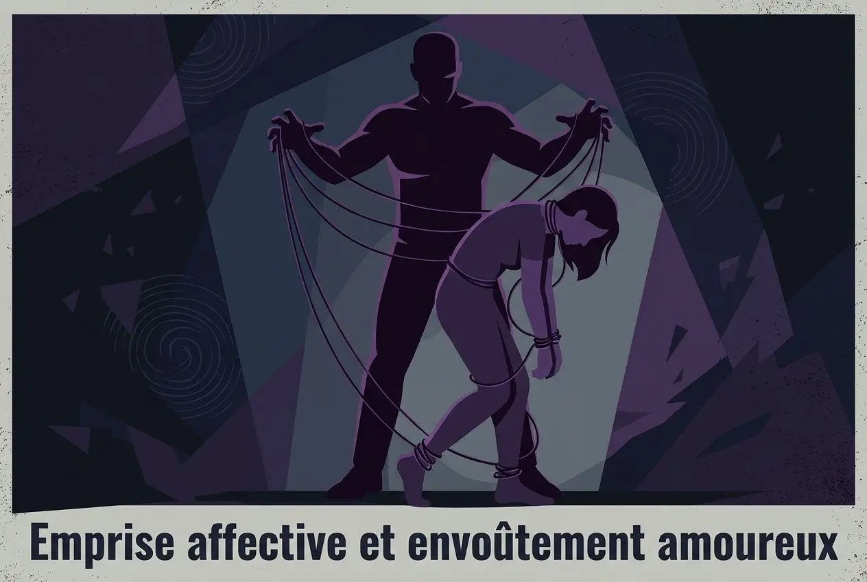Comportement d'une personne envoûtée: silhouette sombre tenant des chaînes autour d'une personne apparemment manipulée, dans une scène dramatique et sombre.