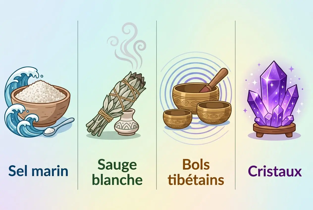 Illustration montrant les outils de purification: sel marin, sauge blanche, bols tibétains et cristaux violets, reliés au désenvoûtement et nettoyage énergétique.