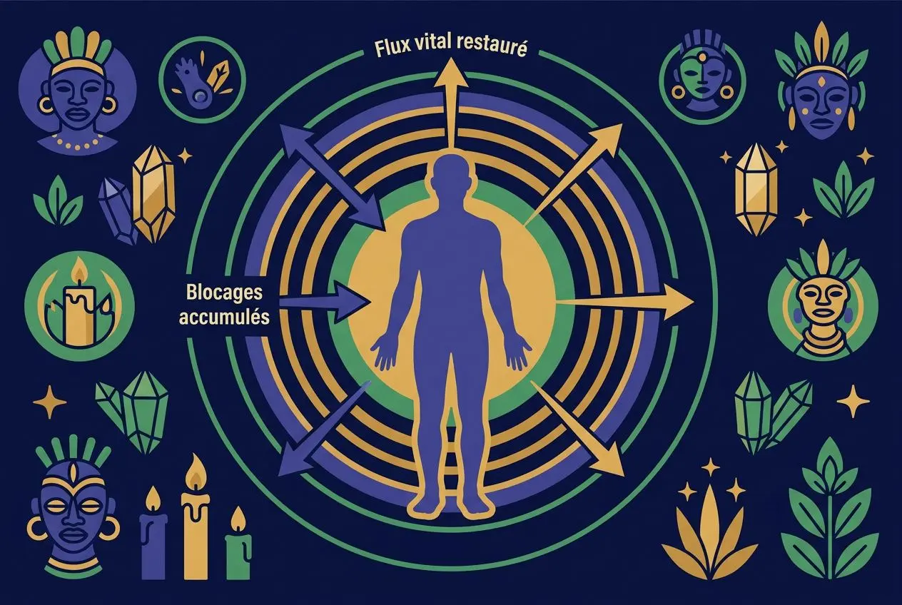 Rituel conceptuel de déblocage énergétique : silhouette humaine centrale entourée de cercles, flèches et motifs spirituels, symboles de purification et d’équilibre.