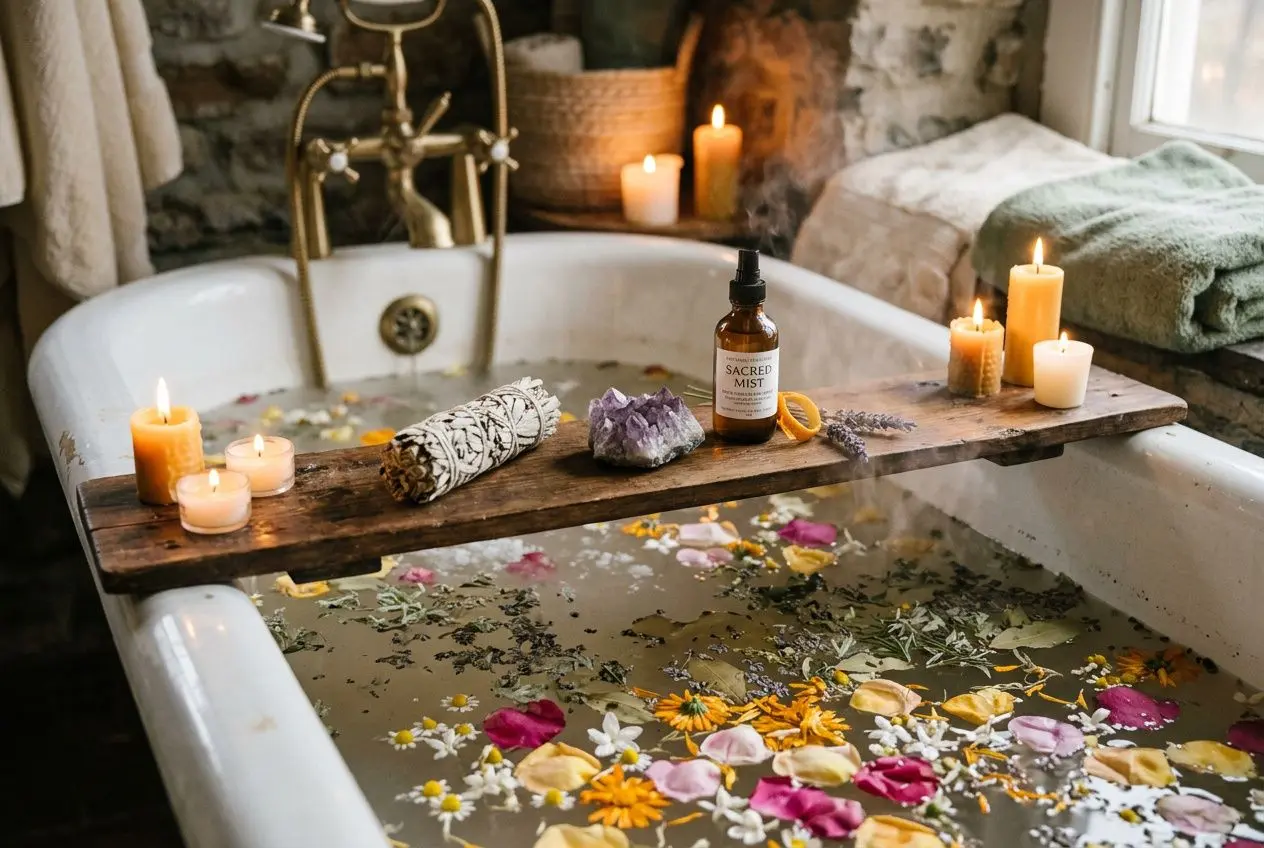 Rituel de déblocage puissant en bain de purification: bougies, fleurs flottantes et ingrédients spirituels sur planche au-dessus d'une baignoire.