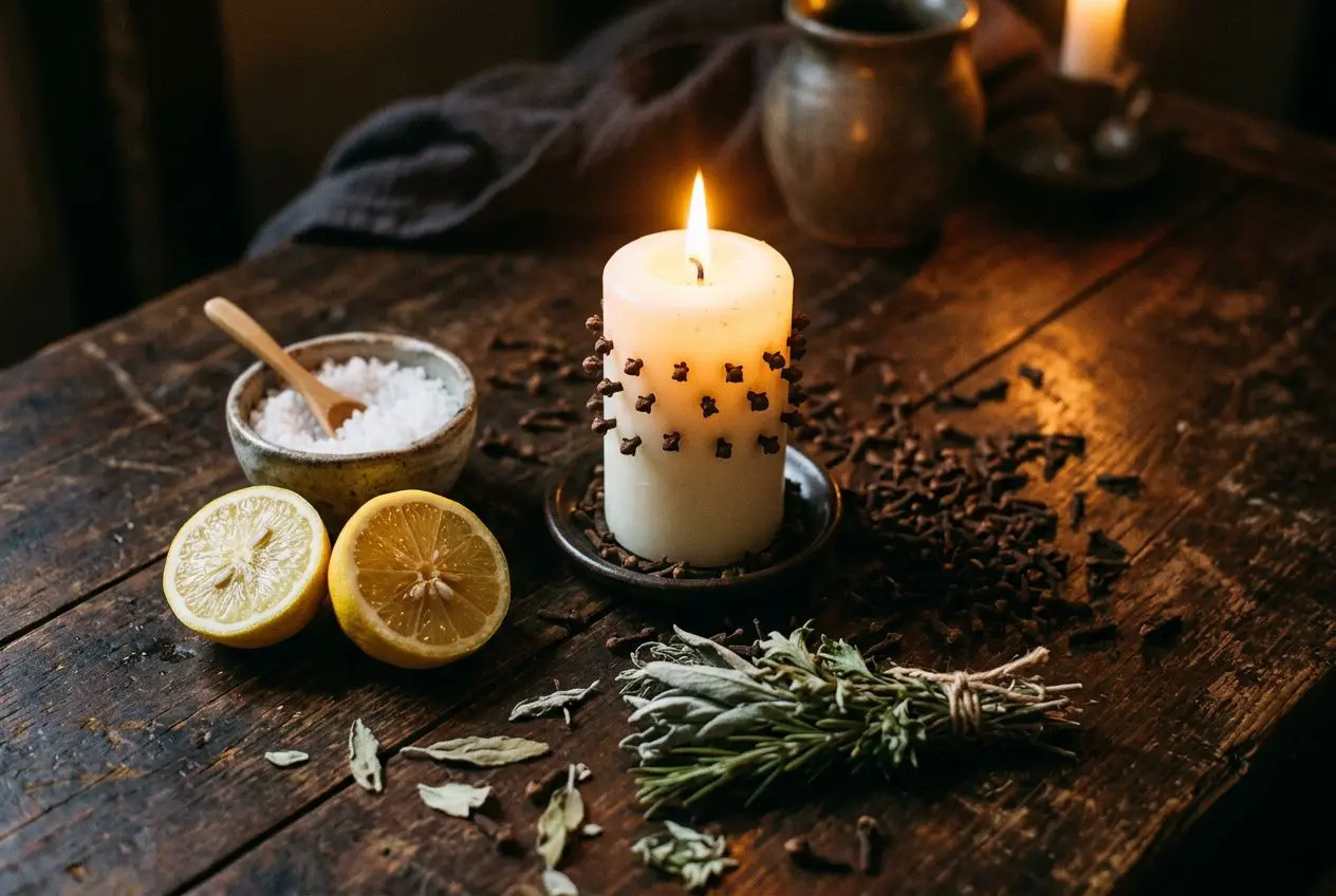 Rituel de déblocage puissant : bougie blanche entourée de clous de girofle, sel dans un bol et herbes sur une table en bois, citrons coupés à côté.