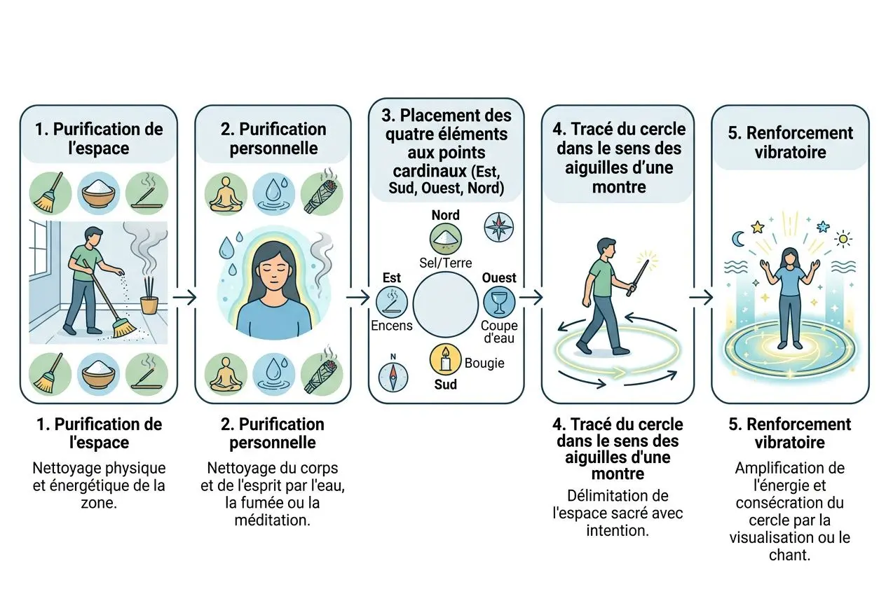Schéma étape par étape de purification, placement des éléments et traçage du cercle de protection autour d’une montre, pour renforcer l’énergie et la visualisation rituel. The cercle de protection est tracé et renforcé.