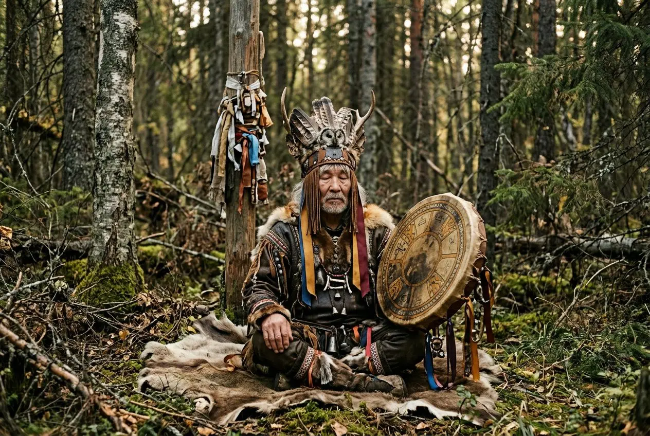 Ancien homme vêtu de costumes tribaux et bonnet décoré, assis en forêt avec bouclier rond et tapis, ambiance rituelle. c'est quoi l'ethnopsychiatrie.