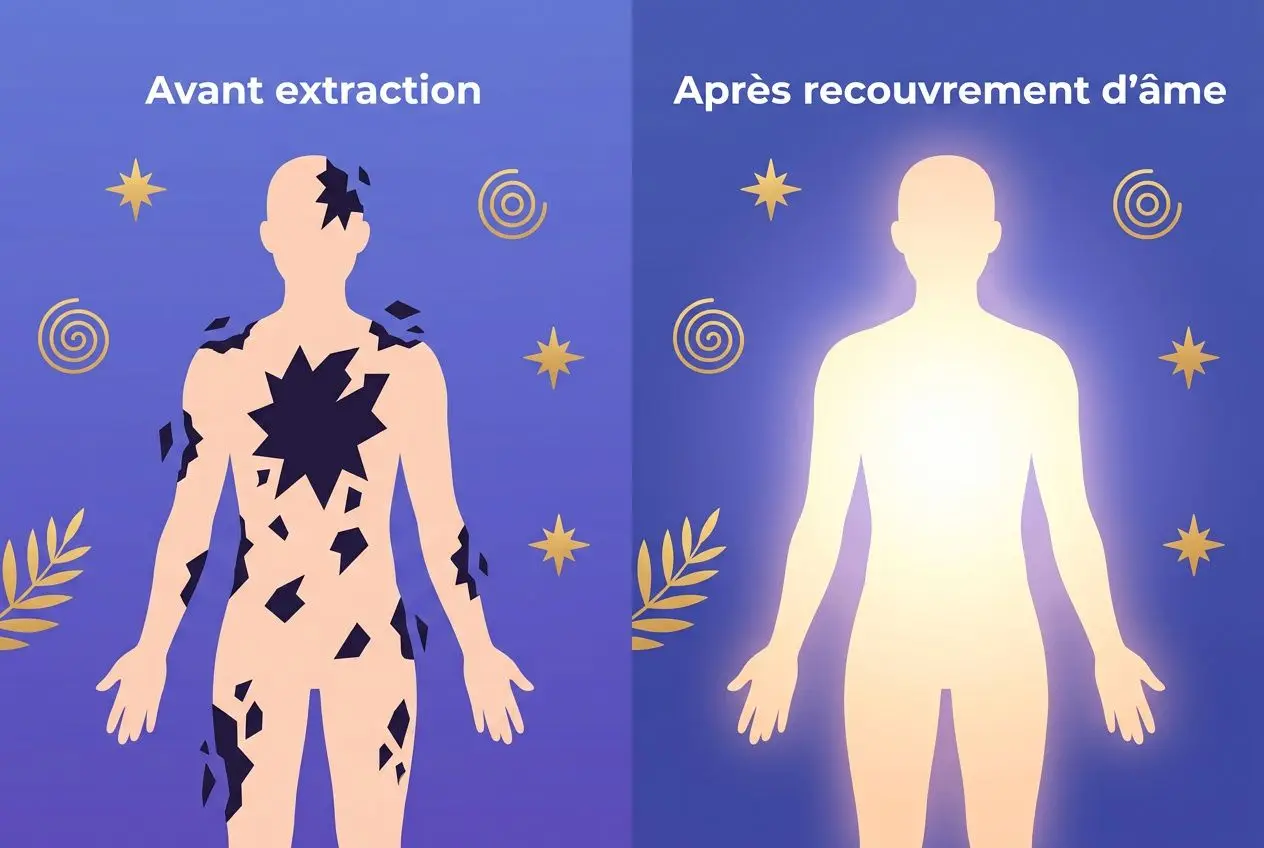 Avant extraction et après récupération d’âme illustrant la médecine chamanique et ses rites spirituels.