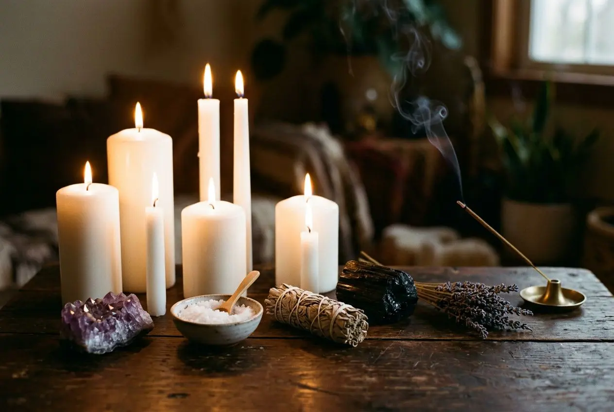 Bougies allumées et outils rituels sur une table en bois pour un rituel de protection puissant, fumée légère et ambiance mystique.