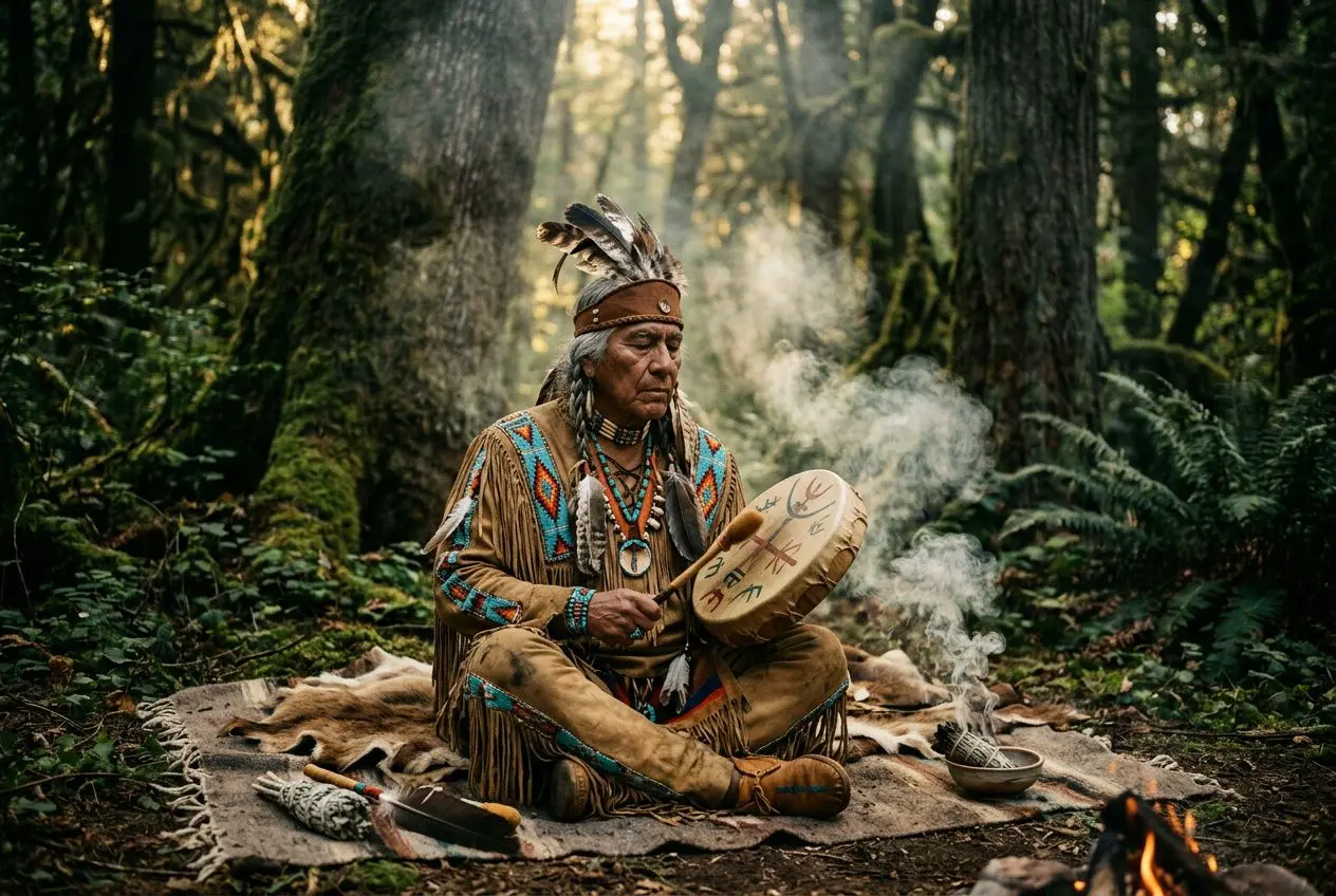Chaman indien assis près du feu dans la forêt, tambour et séances rituelles évoquant la médecine chamanique.