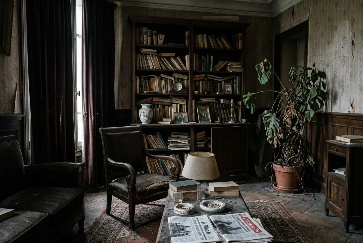 Chambre sombre et ancienne avec bibliothèque, fauteuil et table basse; plantes et livres diffusent une ambiance intime pour « comment faire un nettoyage énergétique de sa maison ».