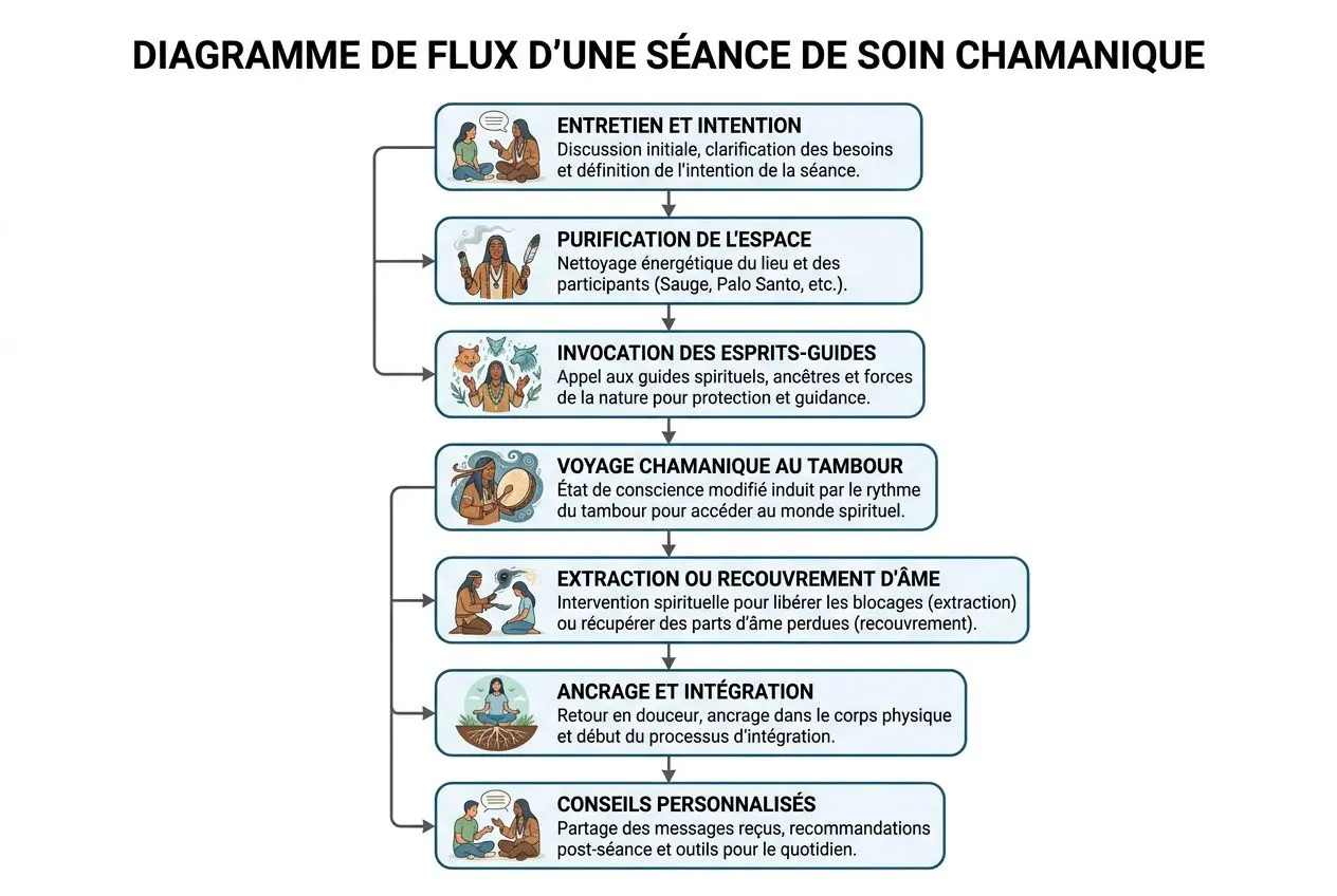 Diagramme de flux d'une séance de soin chamanique avec étapes: intention, purification de l’espace, invocation des esprits-guides, voyage chamnique, extraction ou recouvrement d’âme, ancrage et intégration, conseils personnalisés.