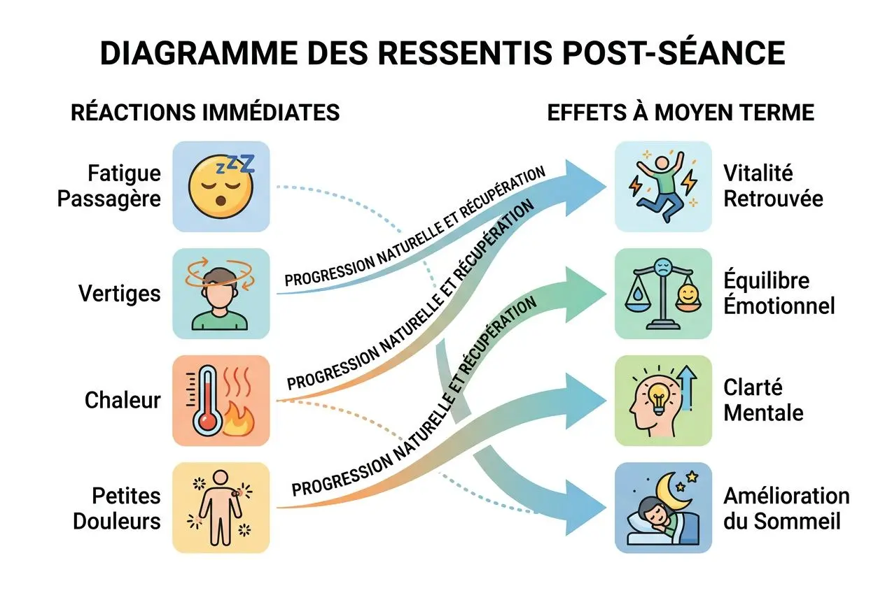 Diagramme des ressentis post-séance montrant effets à moyen terme des soins énergétiques sur le corps et l’esprit, avec réduction du stress et équilibre émotionnel. soin énergétique bienfaits