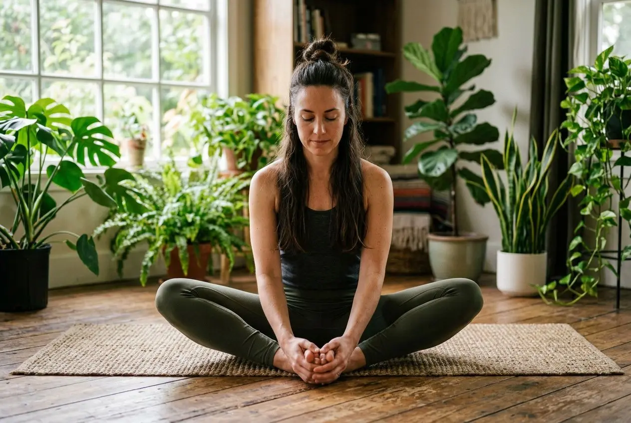 Femme assise en lotus sur tapis de yoga, mains jointes, pratique de la respiration et relaxation au sein d’un intérieur zen entouré de plantes. Intègre le thème: comment débloquer les énergies.