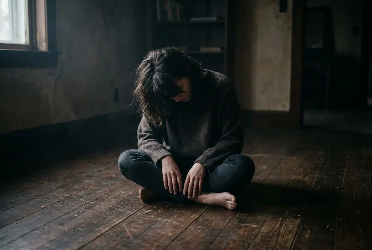 Femme assise par terre dans une pièce sombre, tête penchée, apparence pensivement épuisée, vêtements décontractés et pieds nus.