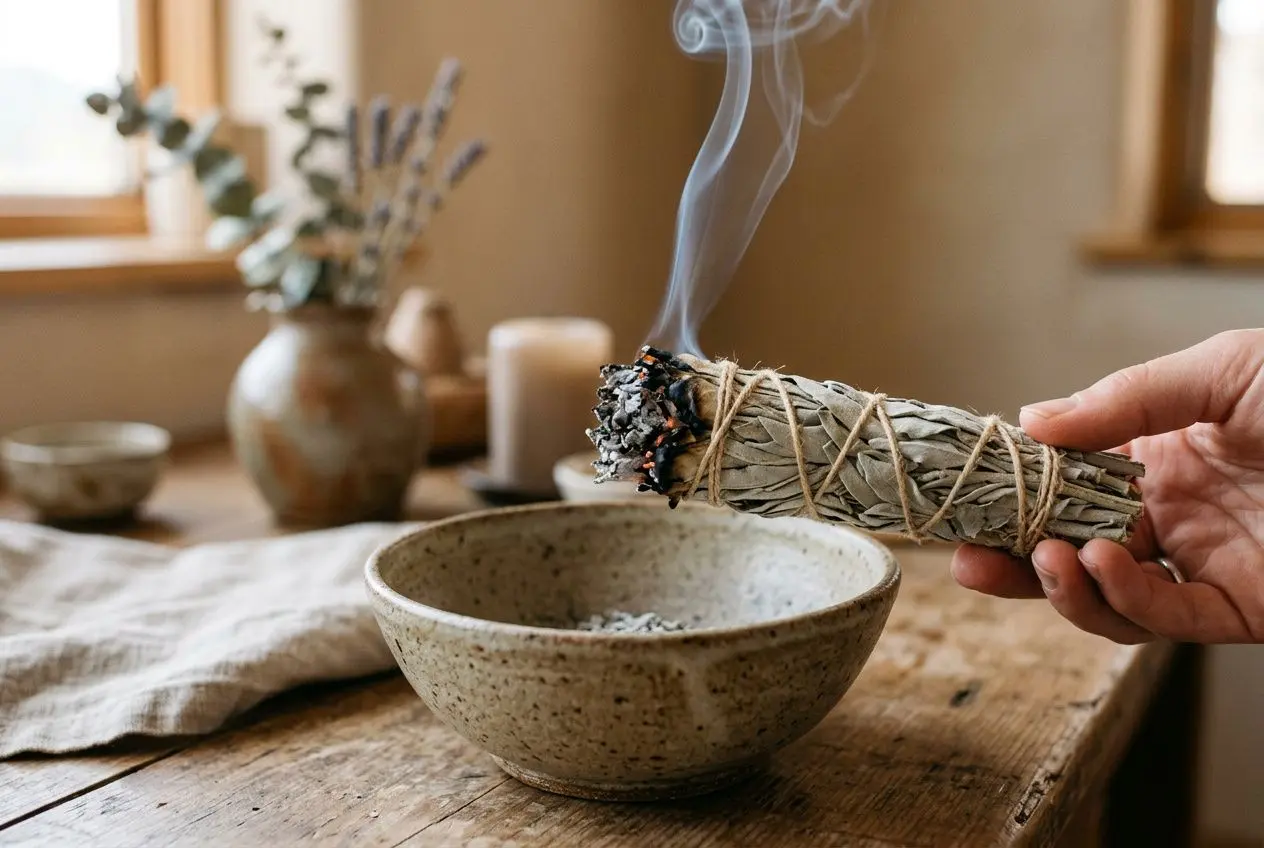 Fume sage brûlée près d’un bol, activité de purification et nettoyage des énergies négatives dans un cadre intérieur.