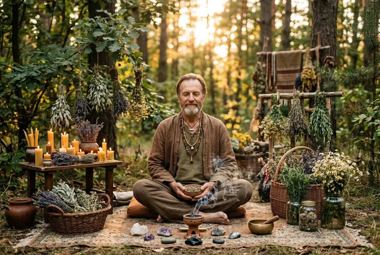 Homme assis en forêt lors d’une cérémonie avec bougies, herbes et bols, évoquant une approche spirituelle et holistique de l’ethnothérapie définition et pratiques.