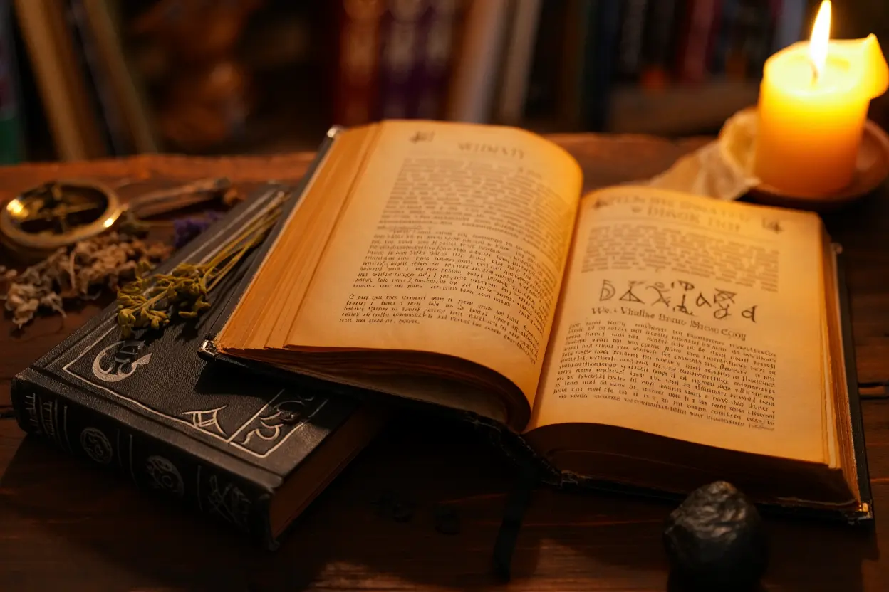 Livre ancien ouvert sur une table, entouré de bougie, herbes et autres ouvrages, évoquant les sciences occultes définition et pratiques mystérieuses.