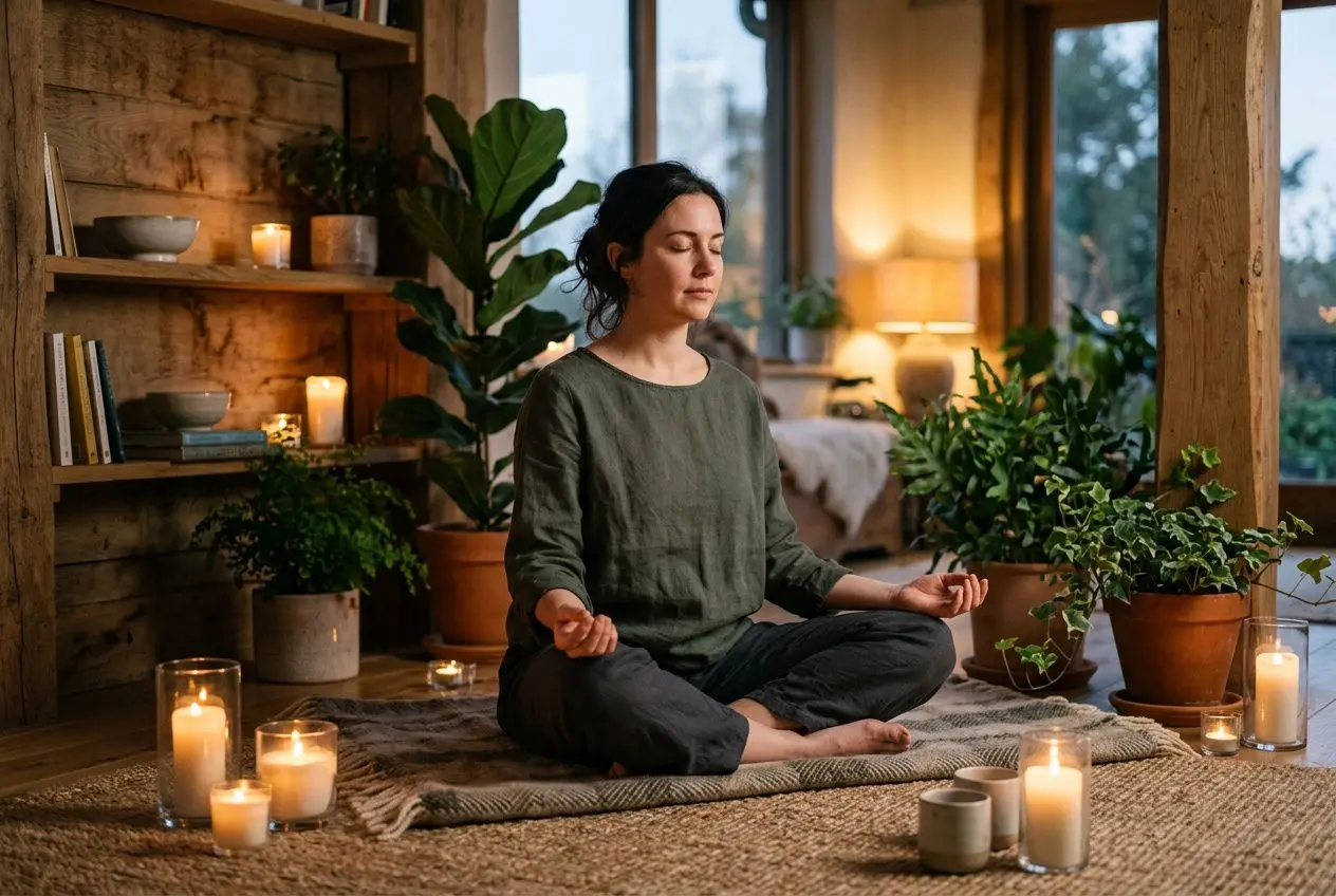 Personne méditant en position lotus sur un tapis, entourée de bougies et de plantes dans une pièce chaleureuse. intégration du thème : commenter débloquer les énergies.