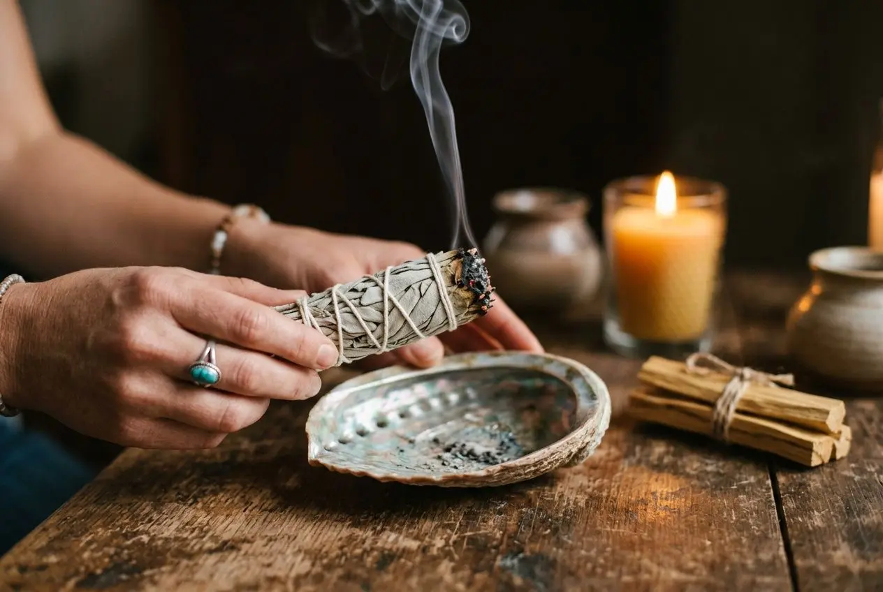 Personne tient un paquet d’encens ou baguette enveloppée, étincelles et fumée légère; bois et bougies autour, ambiance rituelle pour se protéger de la magie noire.
