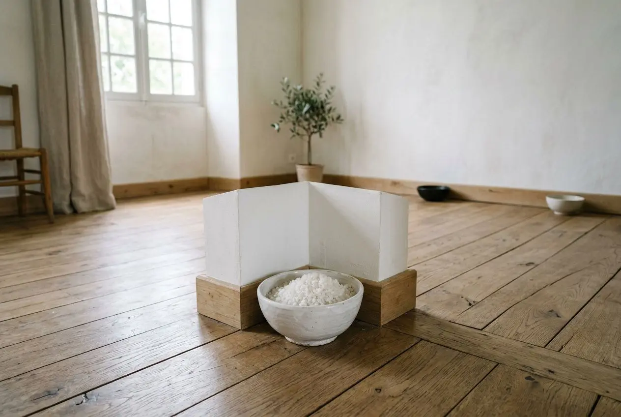 Petit coin de salon vide utilisé pour un nettoyage énergétique: bol de sel blanc et panneaux devant une plante d’intérieur, ambiance calme et lumineuse. Comment faire un nettoyage énergétique de sa maison.