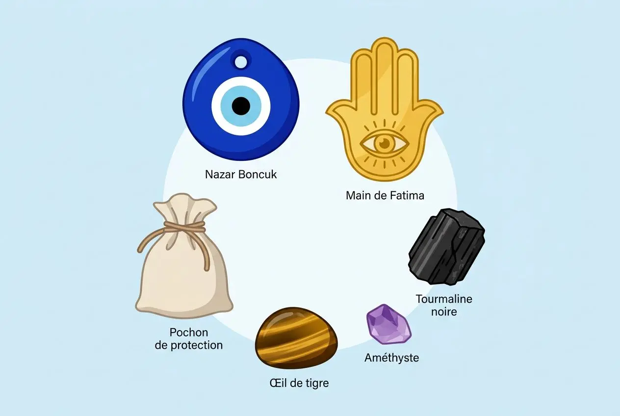 Rituel de protection puissant illustré: objets symboliques autour d’un cercle, Nazar Boncuk, Main de Fatima, œil de tigre, améthyste, tourmaline noire, éclat, pochette de protection.