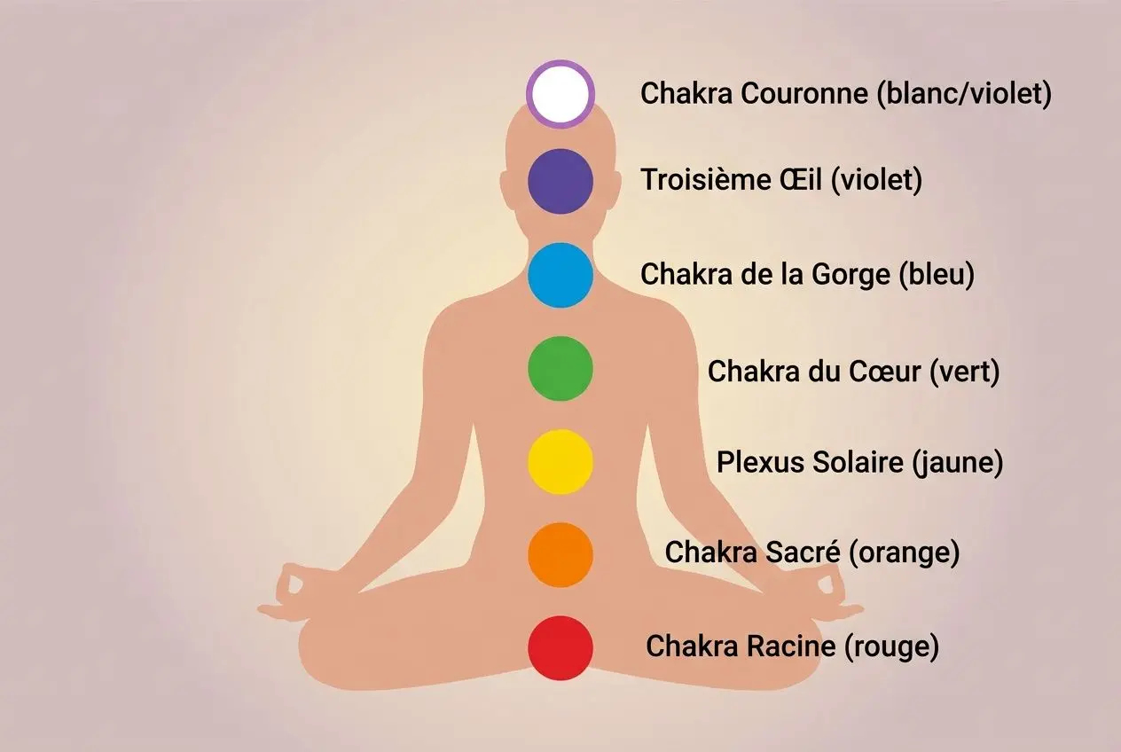 Schéma des chakras sur un corps en position de méditation, chacun coloré: Couronne blanc/violet, Troisième Œil violet, Gorge bleu, Cœur vert, Plexus solaire jaune, Sacré orange, Racine rouge. Integrer le mot-clé: comment débloquer les énergies.
