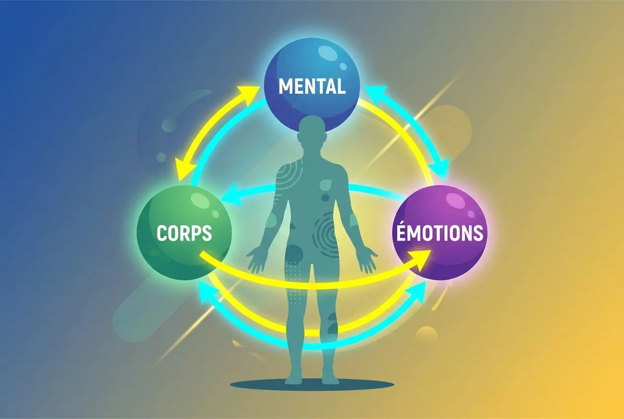 Schéma illustrant l’interconnexion entre corps, mental et émotions autour d’un humain, avec des flèches circulaires colorées. Soin énergétique bienfaits.