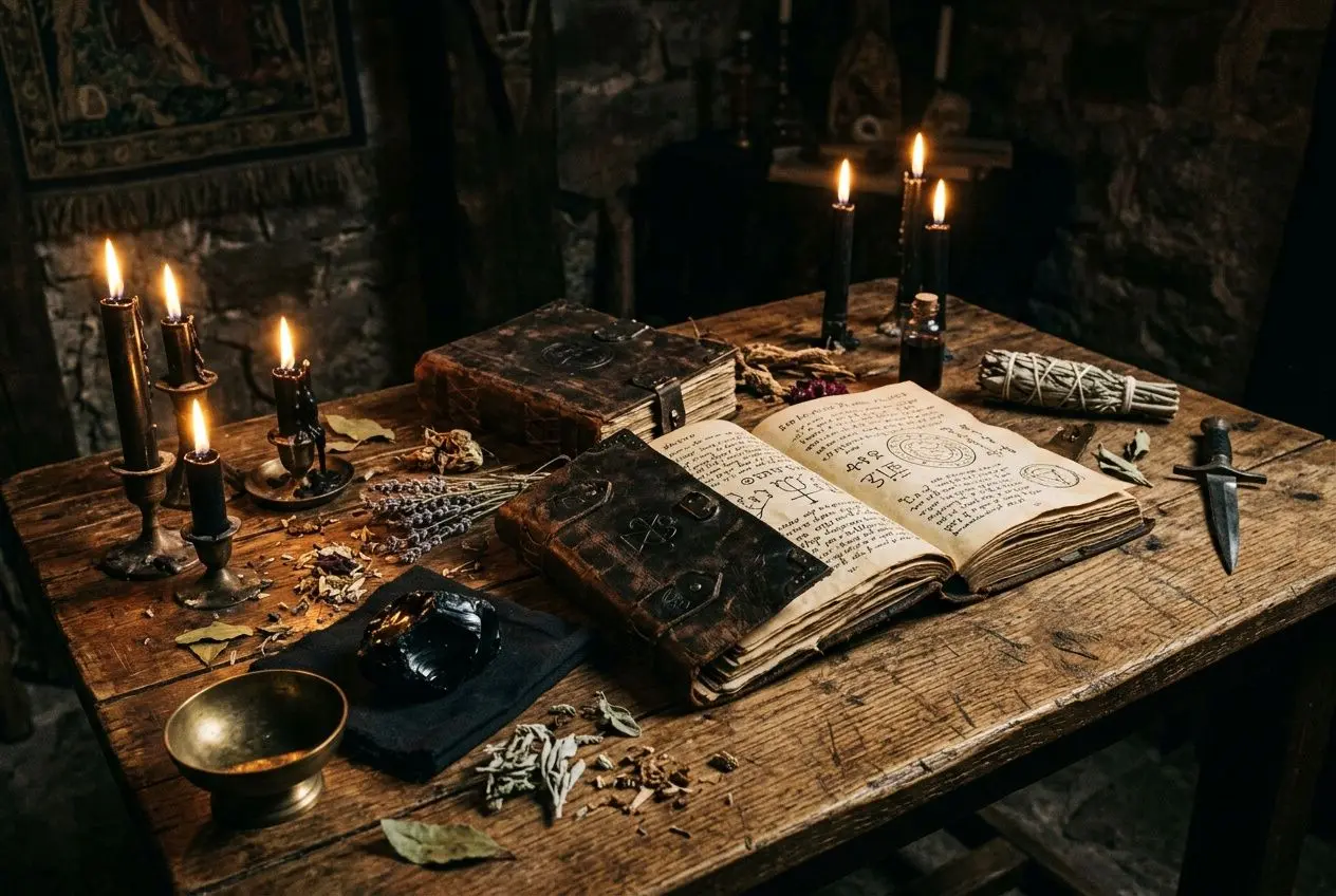 Table ancien avec grimoires, bougies et talismans pour se protéger de la magie noire, ritualiste atmosphère sombre.