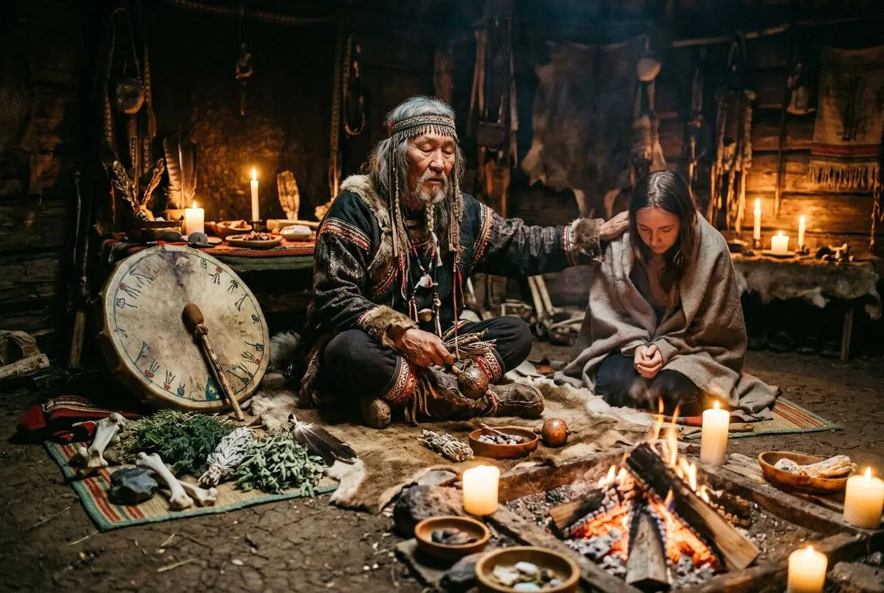 Ancien chaman et jeune femme priant près du feu intérieur, rituel de guérison avec tambour, bougies et objets sacrés. recouvrement d'âme c'est quoi présente.