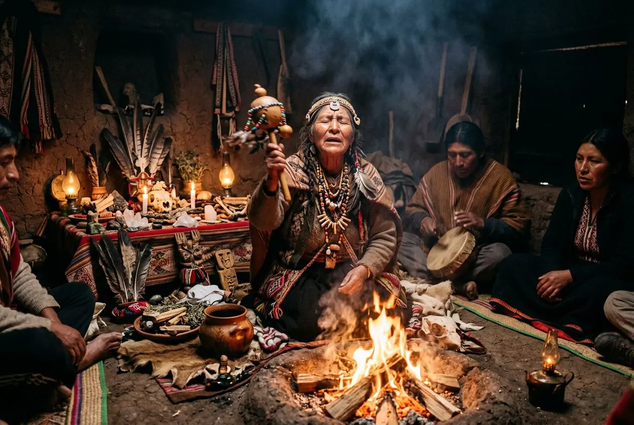 Chef de cérémonie chamane autour d’un feu rituels, entouré d’objets sacrés et de talismans, lors d’une cérémonie traditionnelle.