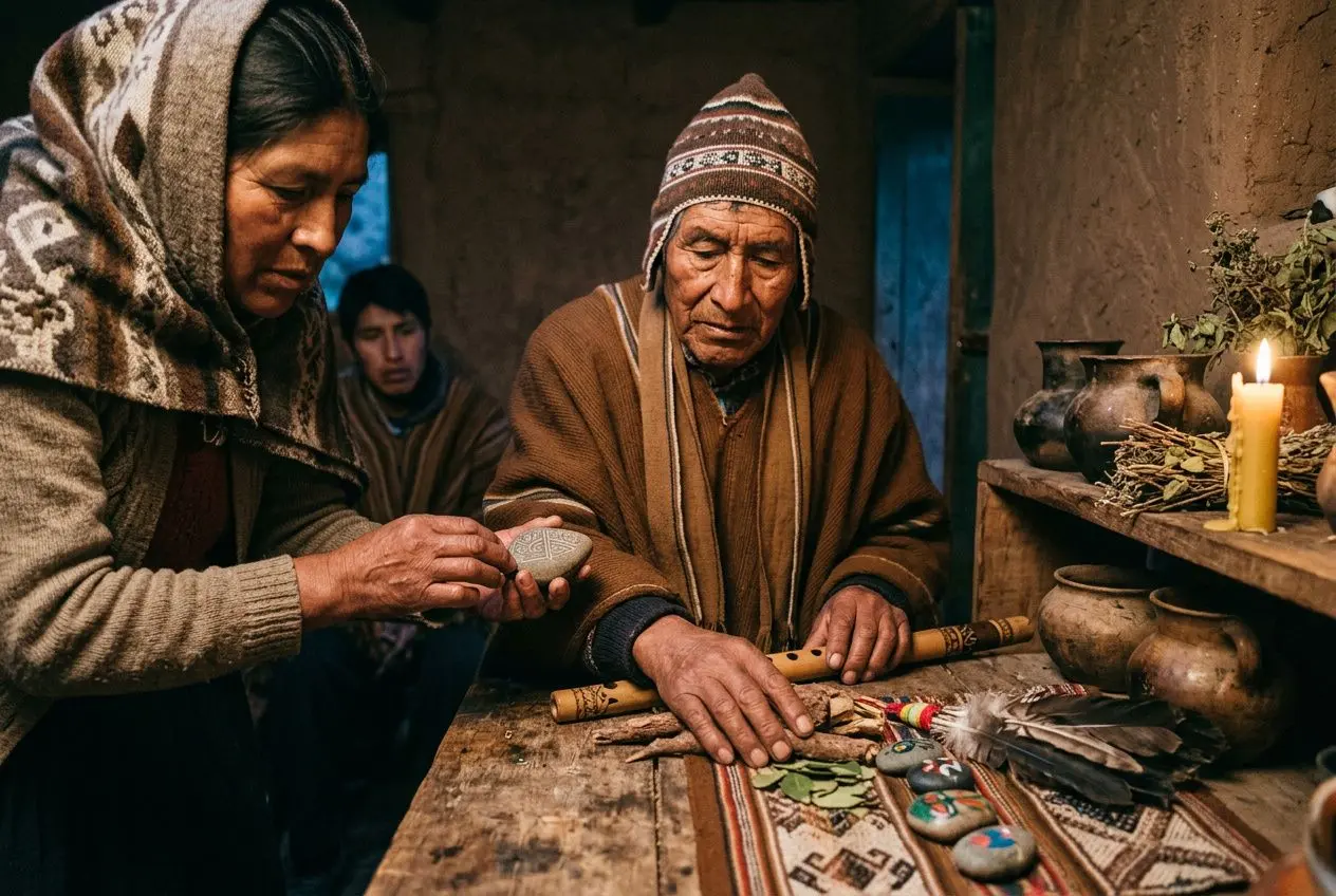 Deux femmes et un homme âgé autour d’un autel, préparant des outils rituels et des pierres, sous une lumière de bougie. intégrer le thème: comment reconnaître un vrai chaman.