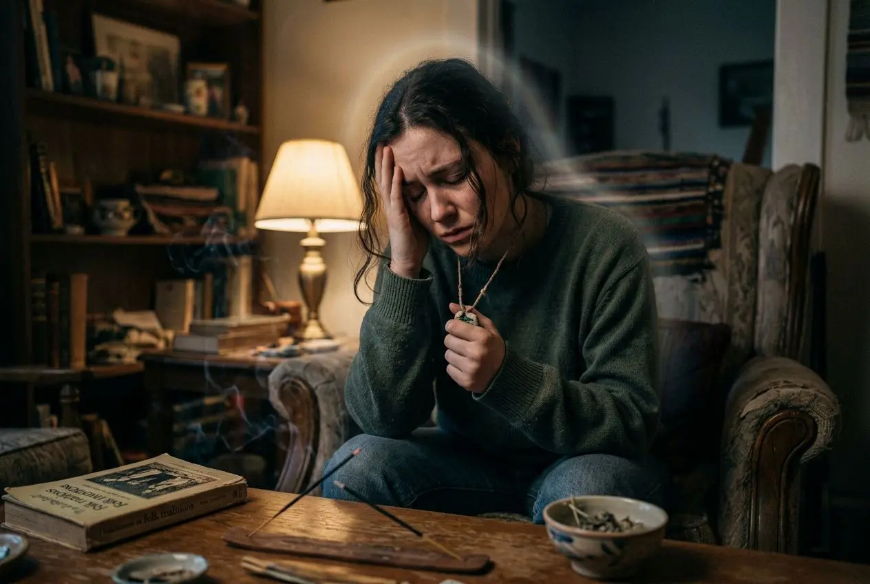 Femme assise sur le canapé, tête dans la main, look préoccupé; boisson et objets éparpillés sur la table, ambiance sombre. elle semble souffrante, peut-être sous l’emprise d’un envoûtement. comment se manifeste un envoûtement est discuté à travers des signes visibles.