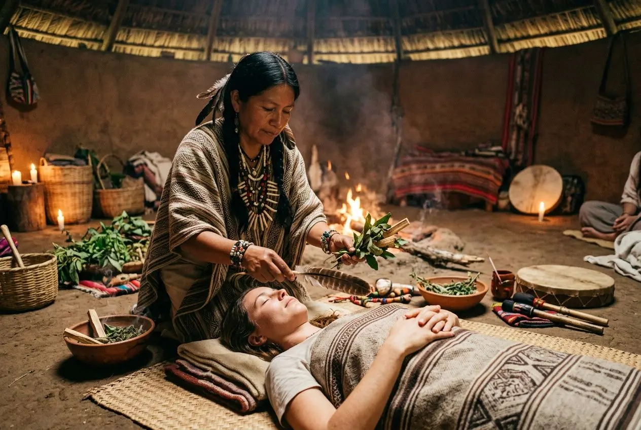 Une femme chaman effectue un rituel auprès d’une jeune personne allongée, dans une hutte, entourée d’objets et de botanicals. comment reconnaître un vrai chaman se lit dans le cadre.
