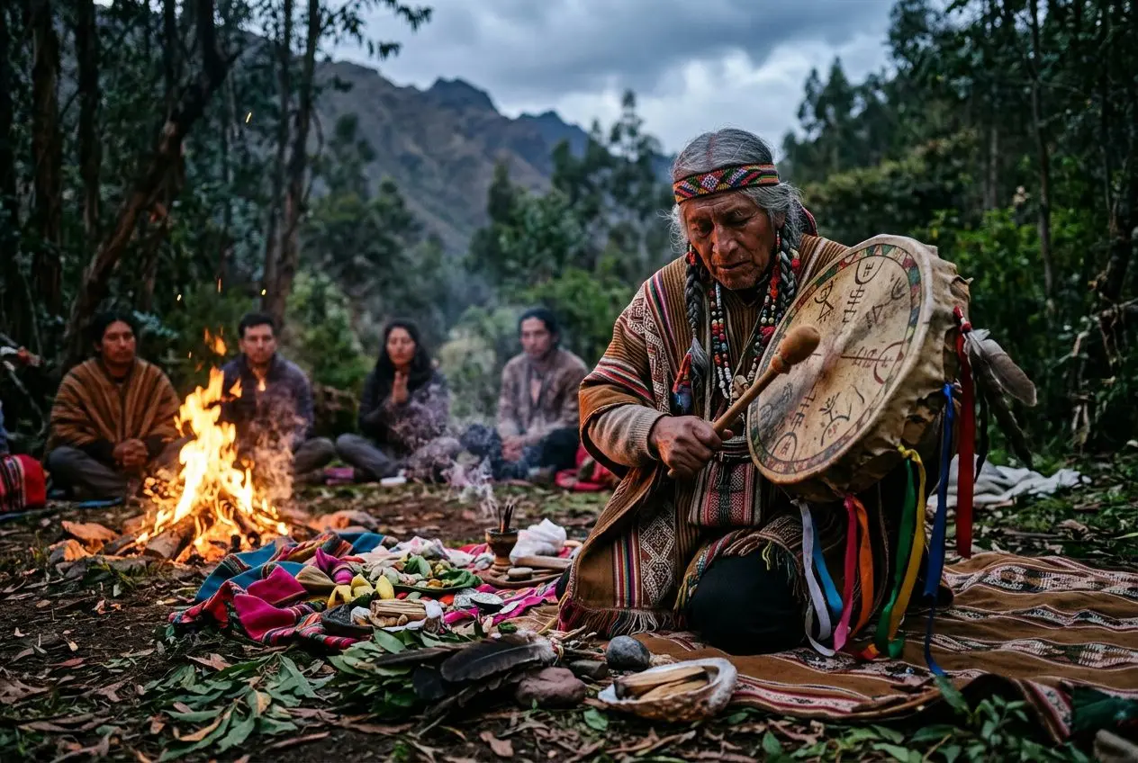 Homme chaman jouant du tambour près d’un feu sacré, entouré d’objets rituels et d’un groupe assis dans la forêt, cérémonie authentique.