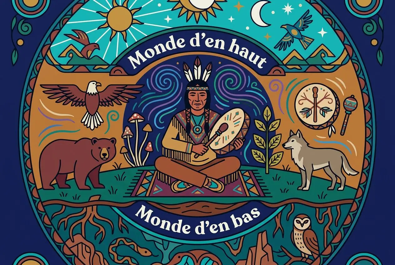 Illustration circulaire art déco montrant un chamane assis en position de méditation, flûte et tambour, entouré d’animaux et de symboles naturels dans des tons bleus et verts, avec les inscriptions Monde d’en haut et Monde d’en bas. chamanisme définition et pratiques