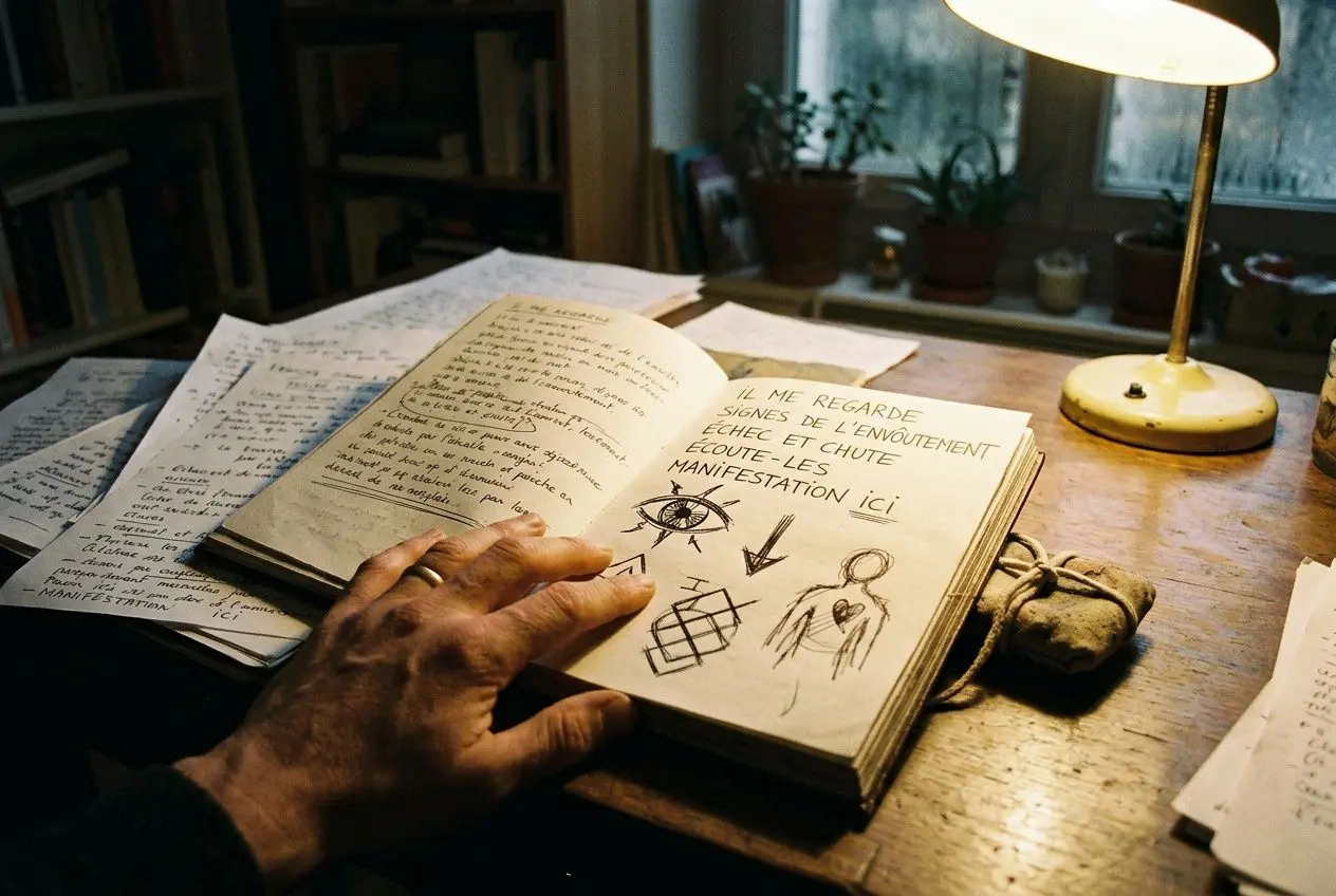 Une main tourne un livre ouvert où des dessins et symboles occultes sont esquissés, entouré de notes sur un bureau éclairé par une lampe.