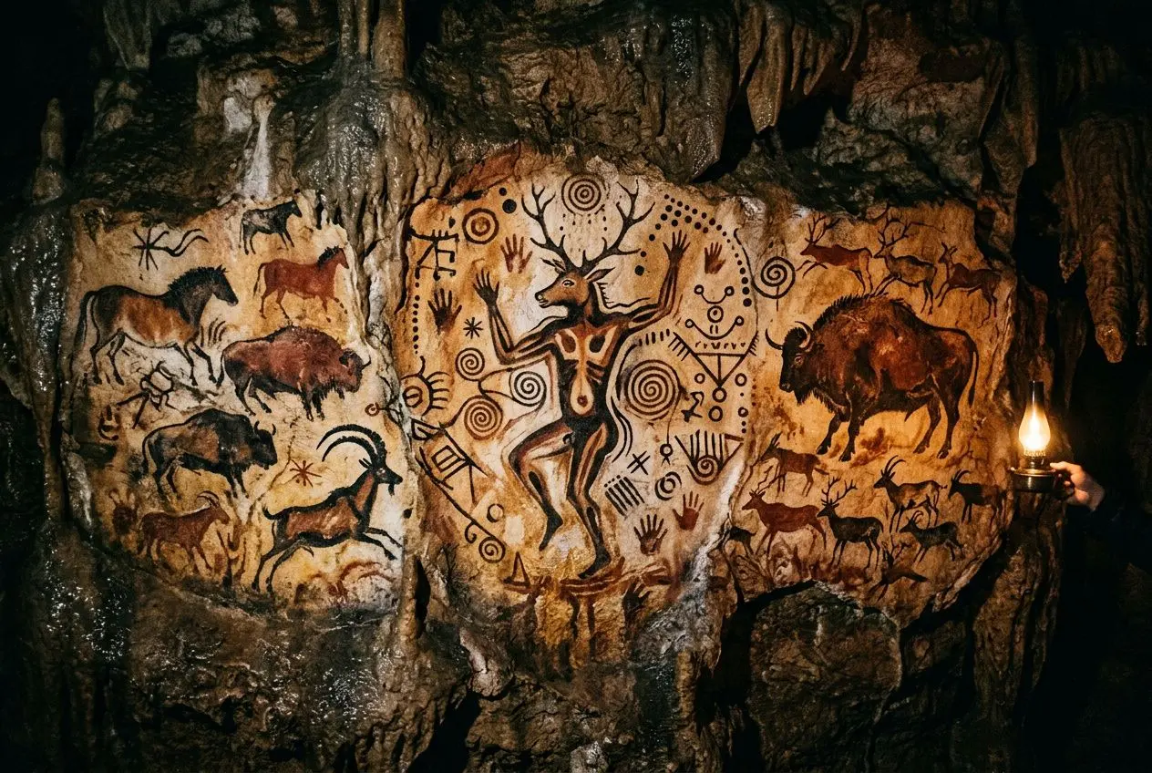 Paroi rocheuse ornée de peintures chamaniques avec un être humain rituel au centre, entouré d’animaux et de symboles, éclairée par une lampe. chamanisme définition et pratiques.