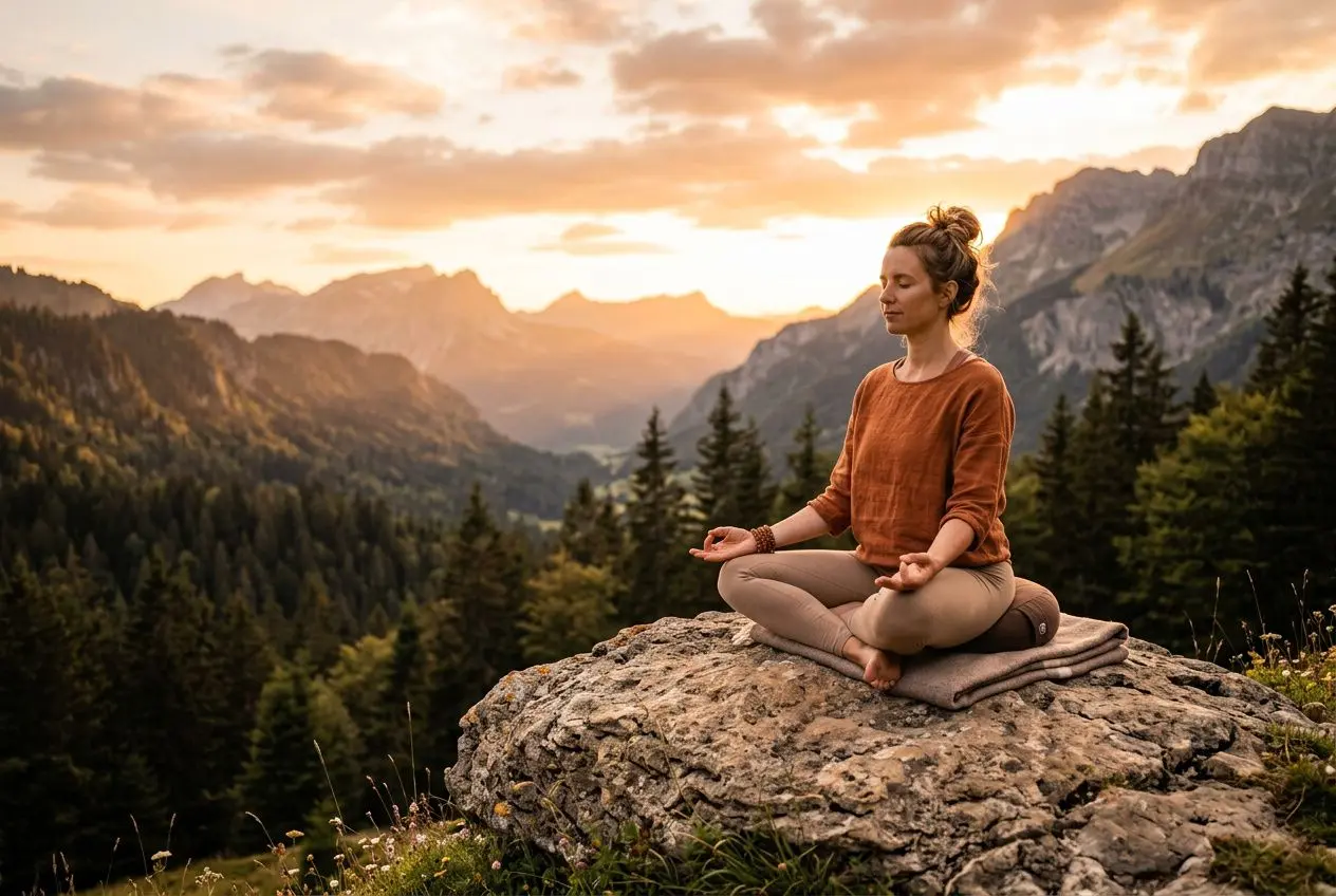 Personne méditant en position du lotus sur un rocher, entourée de montagnes et de forêts au coucher du soleil. diff entre spiritualité et religion, guide complet.