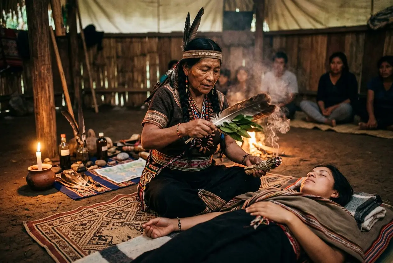 Praticienne chamanique effectue un rituel sur une personne allongée, avec plumes et encens dans une tente, ambiance spirituelle. Comment fonctionnent les rituels chamaniques.
