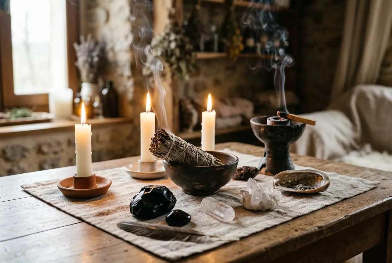 Table d’intérieur avec bougies et fumée légère, encens et pierre décorative, ambiance mystique propice au désenvoûtement définition.