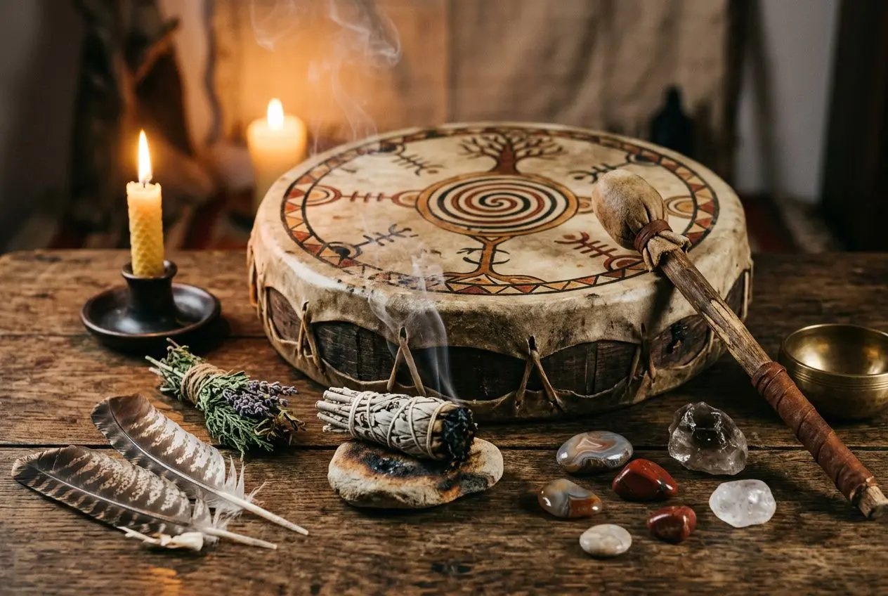 Tambour cérémoniel entouré d’objets rituels, plumes et pierres, bougies et fumée légère illustrant le chamanisme définition et pratiques.