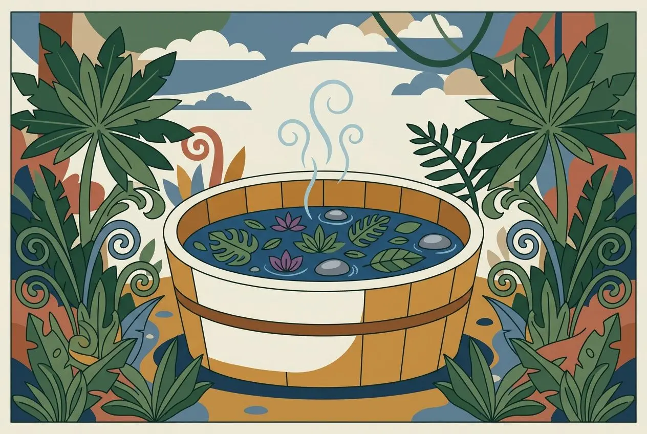Bain mystique dans les pratiques animistes : un grand bassin en bois fumant légèrement, entouré de verdure luxuriante et de plantes, avec un ciel dégagé en arrière-plan.