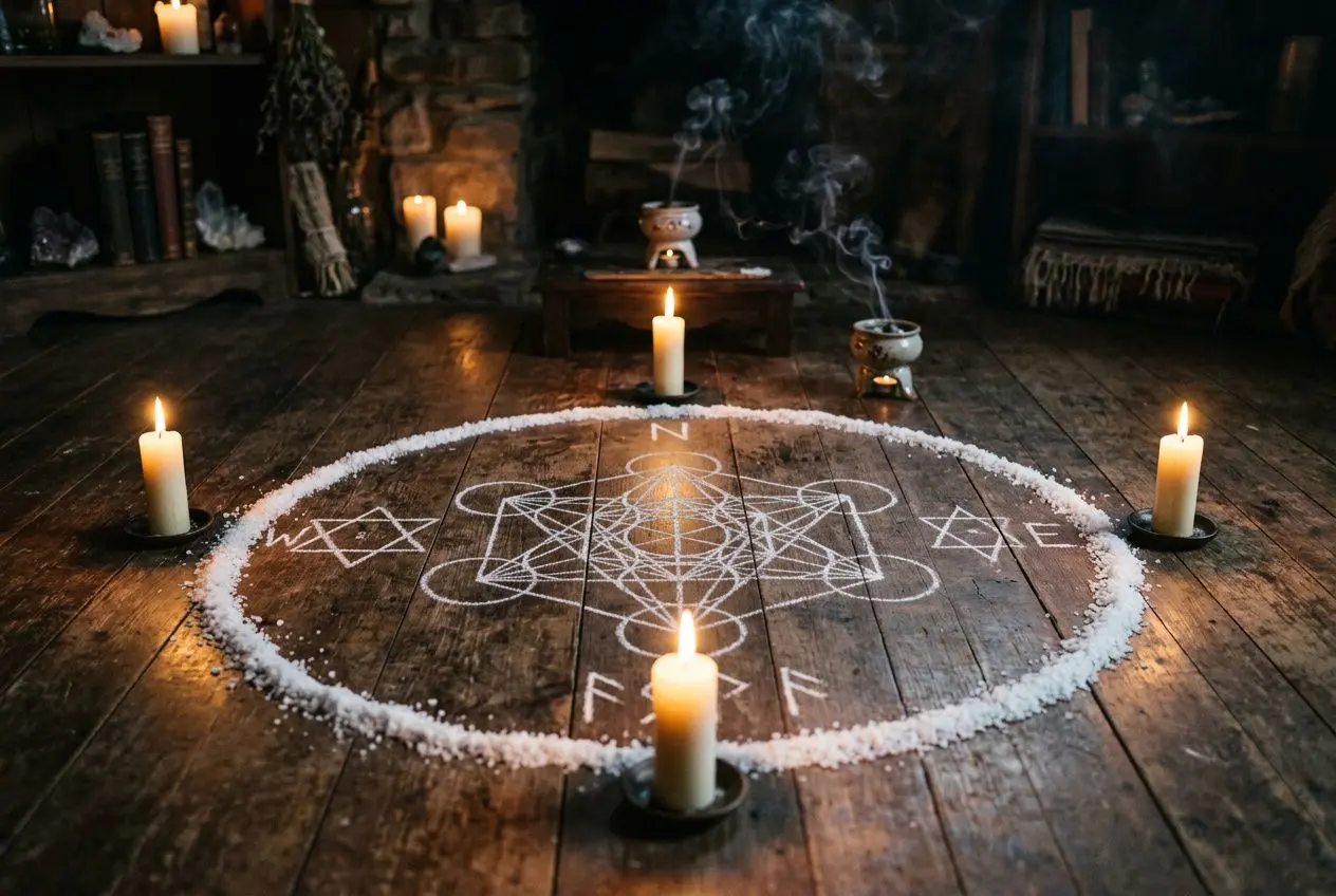 Cercle sacré de sel et bougies autour d’un sigil au sol, fumée et ambiance rituelle évoquant le bain mystique dans les pratiques animistes.