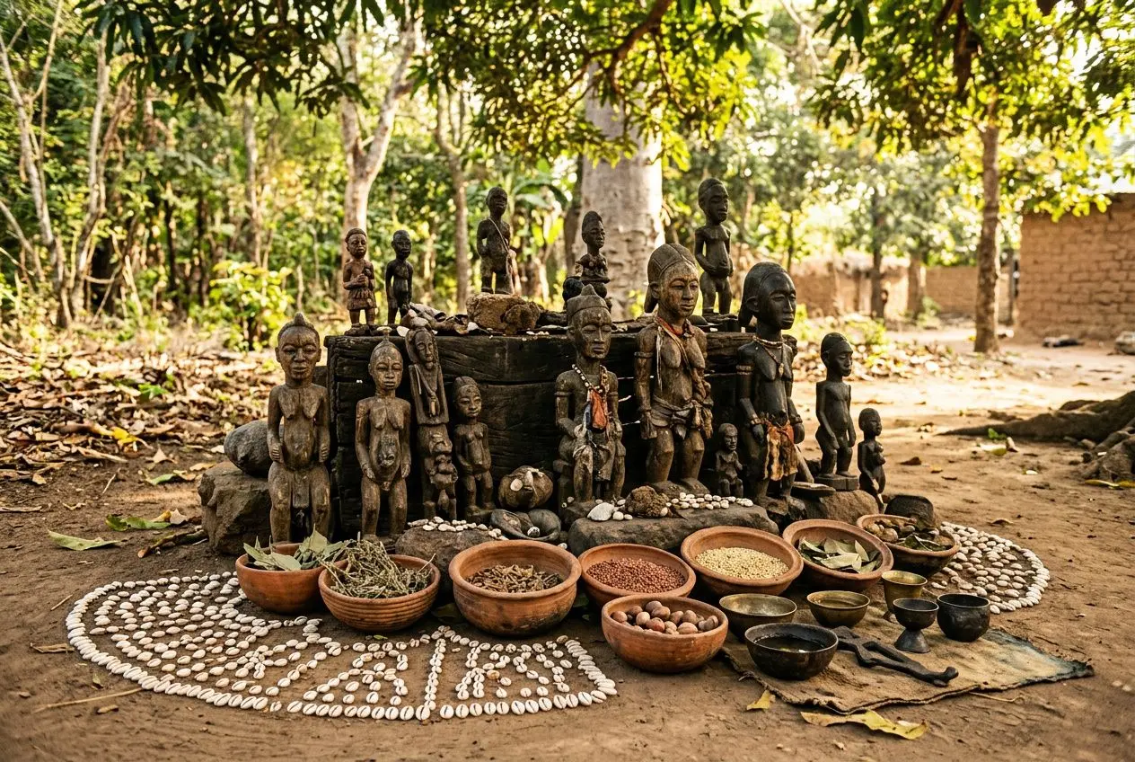 Statues et statues miniatures entourent un autel en bois, avec des bols contenant des herbes et des pierres disposés en cercles autour.